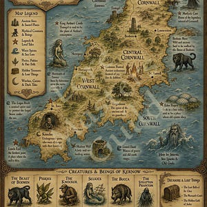 May include: A detailed illustrated map titled Folklore Map of Cornwall, featuring legends, myths, and ancient tales of Kernow. The map displays geographical regions, mythical creatures, and historical landmarks with descriptive text and icons.