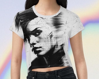 Crop top Grunge Y2K total print and portrait of a Punk woman - print on demand