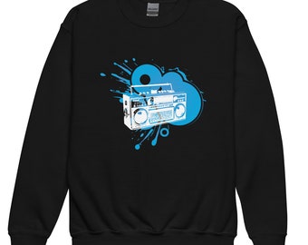 Frutiger Metro Langarm-Sweatshirt/Pullover für Kinder: Farbspritzer und 90er-Jahre-Radio, Rundhalsausschnitt, Baumwolle – Druck auf Anfrage