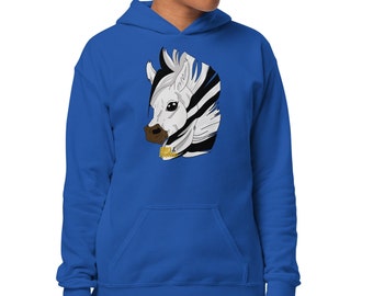 Thick hoodie for teenagers with role print, endearing Zebra cartoon. print on demand children's clothing