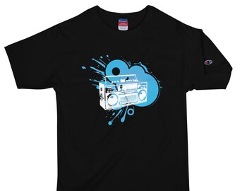 Champion Radio 90s T-shirt: Vintage Silhouette on Blue Splash Background - Y2K Frutiger Metro - print on demand