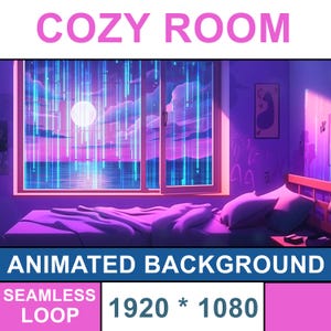 Vtuber Animated Background - Cozy Lofi Bedroom, Blue Purple Stream Overlay, Loop Ambience Style - Twitch Streaming, Vtuber Background