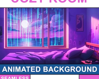 Fondo animado de Vtuber: acogedor dormitorio lofi, superposición de transmisión en azul y violeta, estilo de ambiente en bucle: transmisión de Twitch, fondo de Vtuber