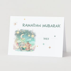 Cartões digitais imprimíveis caprichosos de Eid e Ramadã – Elefantes e lanternas fofos