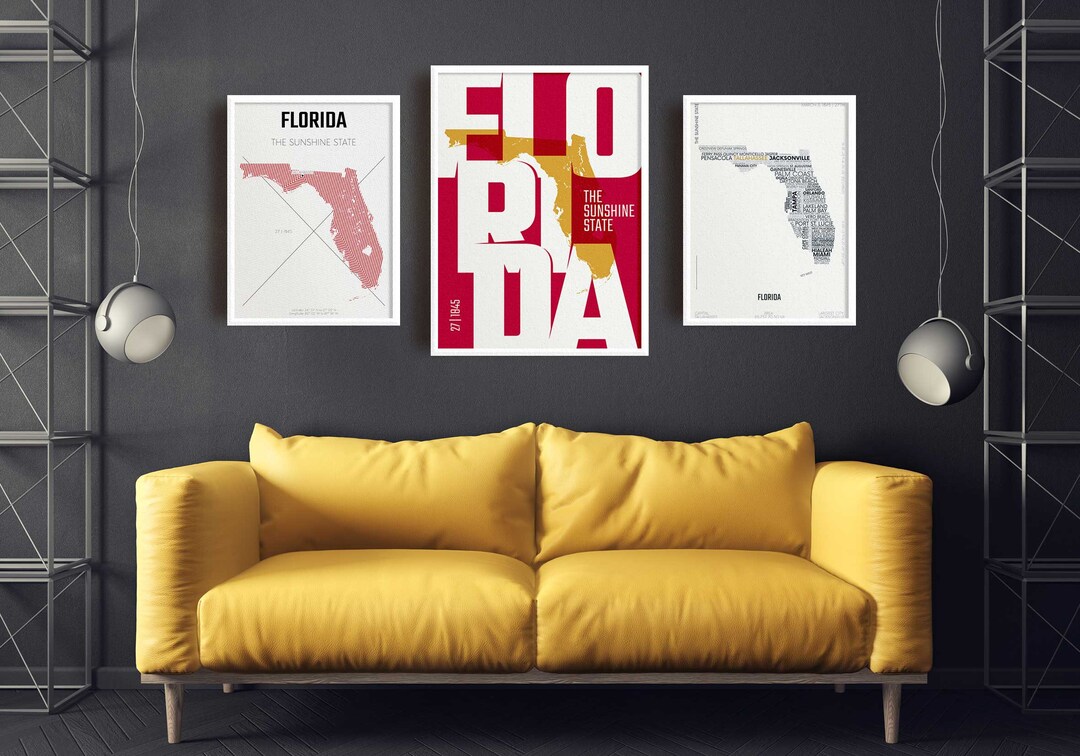 Florida Map, Florida Wall Art, Florida Decor, Wall Art Set of 3