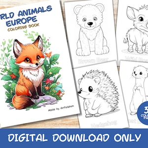 30 World Animals Europe Coloring Pages Book with Names, Kids, Instant Download Grayscale Coloring Page, Printable PDF, Animals