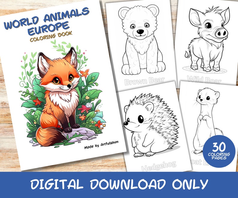 30 World Animals Europe Coloring Pages Book With Names, Kids, Instant