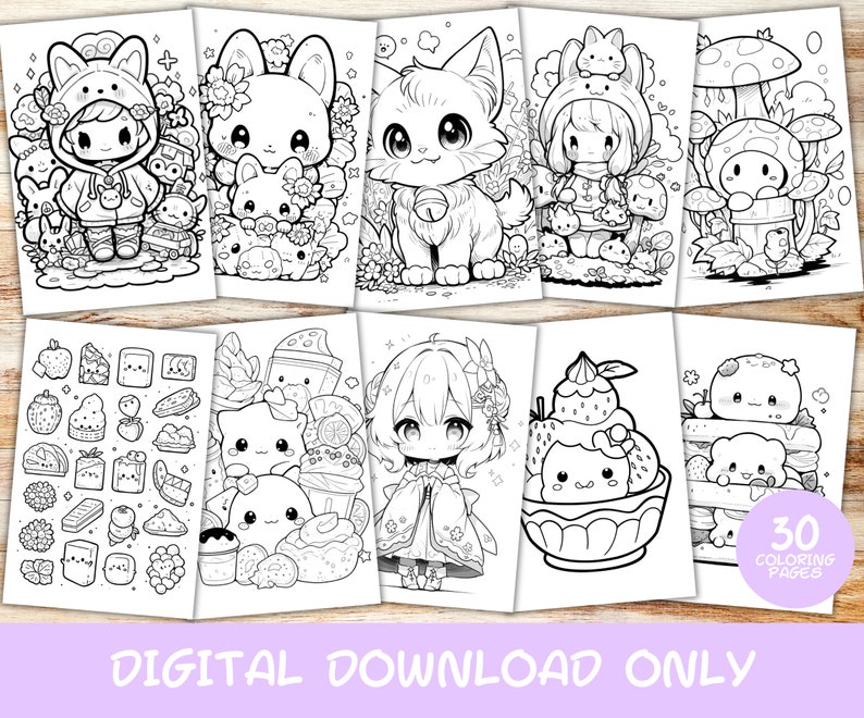May include: A set of 30 coloring pages featuring cute cartoon characters and designs. The pages include a variety of themes, such as animals, food, and nature.  The coloring pages are perfect for kids and adults who enjoy coloring.