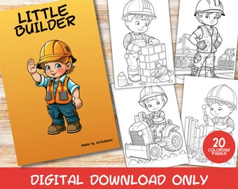 20 Little Builder Coloring Pages Book, Kids, Instant Download Grayscale Coloring Page, Printable PDF, Builder, Contractor, Children&#39;s