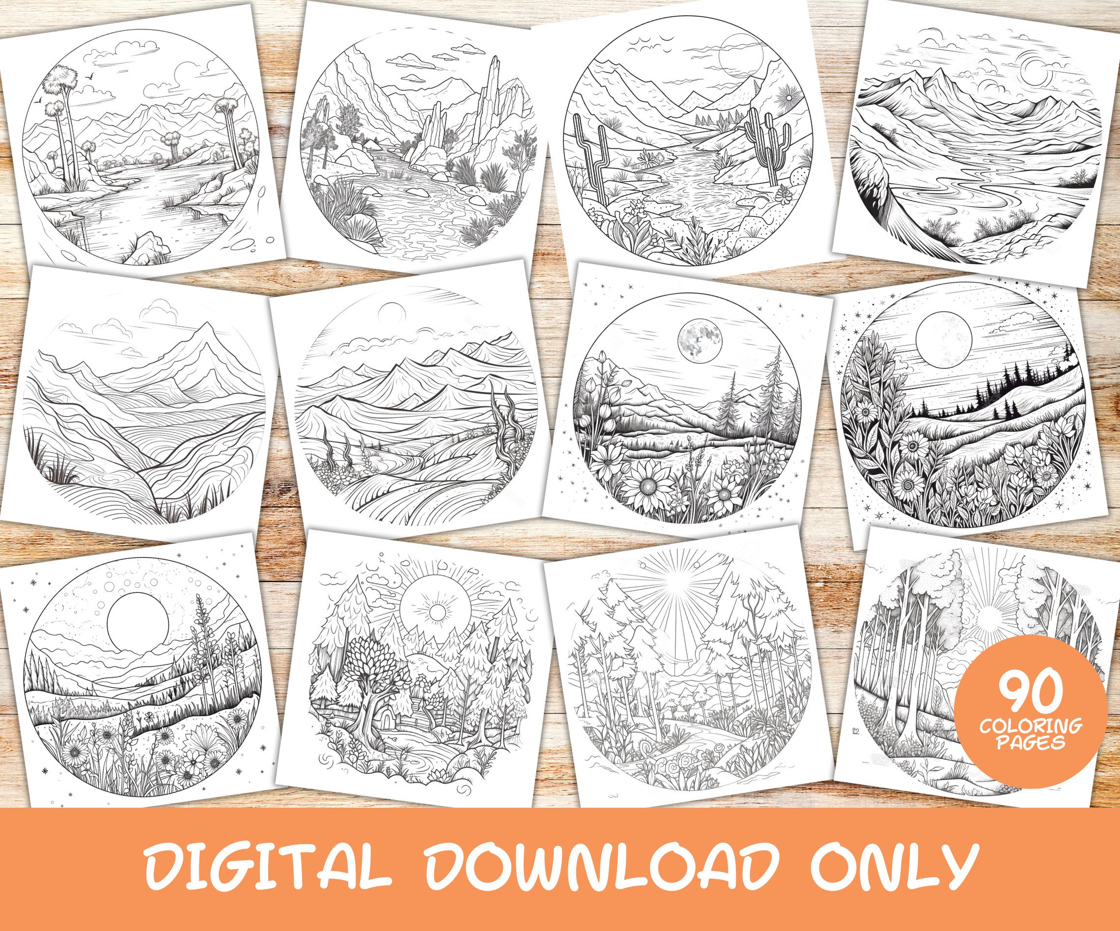 90 Boho Landscapes Coloring Pages for Adults,instant Download Grayscale ...