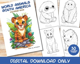 30 World Animals South America Coloring Pages Book with Names, Kids, Instant Download Grayscale Coloring Page, Printable PDF, Animals