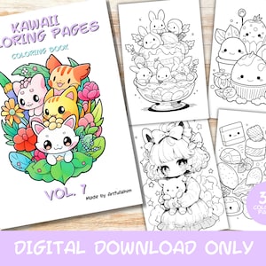 30 Kawaii Coloring Pages Volume 7, Kids, Adults, Instant Download Grayscale Coloring Page, Printable PDF, Cute kawaii, Digital Download image 1