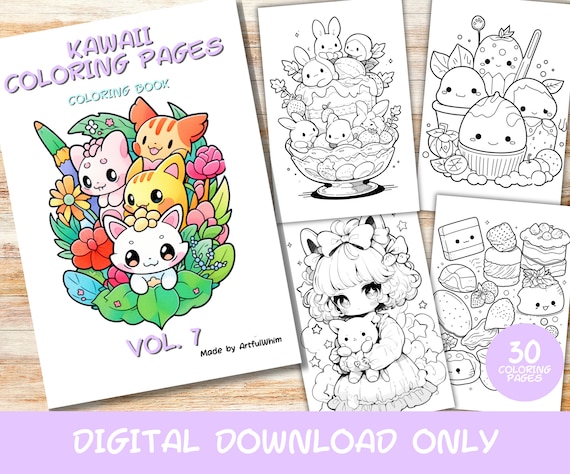 30 Kawaii Coloring Pages Volume 7, Kids, Adults, Instant Download Grayscale Coloring Page, Printable PDF, Cute kawaii, Digital Download