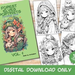 30 Forest Elves Portraits Volume 1 Coloring Pages Book, Kids, Adults Instant Download Grayscale Coloring Page, Printable PDF, Elves