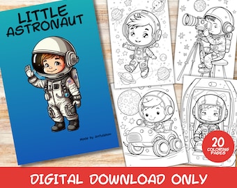 Peut inclure: Un livre de coloriage de 20 pages mettant en scène un astronaute de dessin animé dans différentes scènes sur le thème de l'espace. La couverture présente un astronaute de dessin animé avec un grand sourire, qui salue. Le titre du livre est "Little Astronaut".