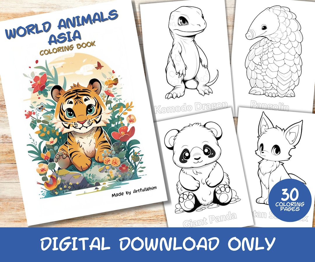 30 World Animals Asia Coloring Pages Book With Names, Kids, Instant