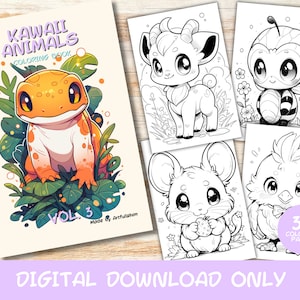 30 Kawaii Animals Volume 3 Coloring Pages Book, Kids, Adult, Instant Download Grayscale Coloring Page, Printable PDF, Cute Kawaii, Digital