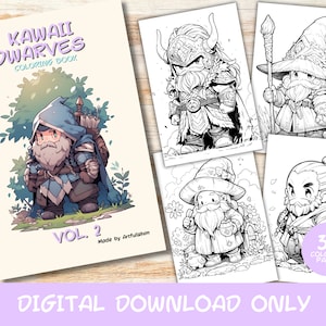 30 Kawaii Dwarves Volume 2 Coloring Pages Book, Kids, Adult, Instant Download Grayscale Coloring Page, Printable PDF, cute kawaii, Dwarves