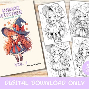 30 Kawaii Witches Volume 1 Coloring Pages Book, Kids, Adult, Instant Download Grayscale Coloring Page, Printable PDF, cute kawaii, Witches