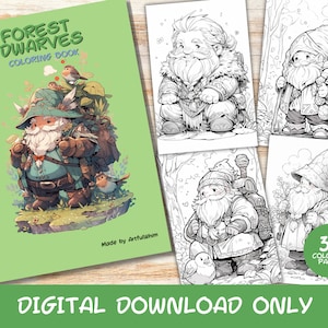 30 Forest Dwarves Coloring Pages Book, Kids, Adults Instant Download Grayscale Coloring Page, Printable PDF, Dwarves