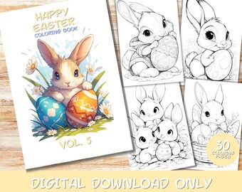 30 Happy Easter Volume 5 Coloring Pages Book, Kids, Instant Download Grayscale Coloring Page, Printable PDF, Digital Download, Kawai