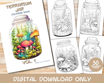 Puede incluir: Un libro para colorear con 30 páginas de ilustraciones de frascos de terrario llenos de plantas, hongos y rocas. La portada presenta una ilustración colorida de un frasco de terrario con hongos y plantas. El título del libro es "Terrarium Jar Coloring Book Vol. 1" y el texto "Descarga digital únicamente" está en la parte inferior de la portada.