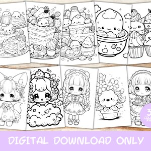 May include: A set of 30 black and white coloring pages featuring cute characters and designs. The pages include a variety of themes, such as food, animals, and flowers.  The text "30 Coloring Pages" is included on one of the pages.