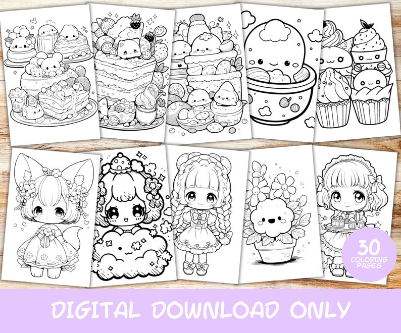May include: A set of 30 black and white coloring pages featuring cute characters and designs. The pages include a variety of themes, such as food, animals, and flowers.  The text "30 Coloring Pages" is included on one of the pages.