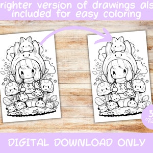 May include: A black and white coloring page featuring a girl wearing a hooded sweater with bunny ears and holding a small bunny. She is surrounded by mushrooms and other small bunnies. The text "30 Coloring Pages" is in the lower right corner.