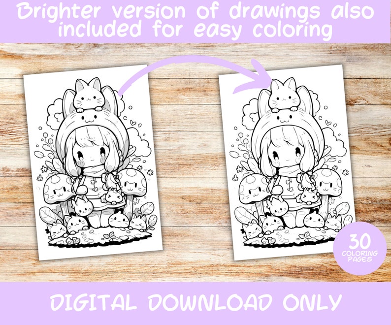 May include: A black and white coloring page featuring a girl wearing a hooded sweater with bunny ears and holding a small bunny. She is surrounded by mushrooms and other small bunnies. The text "30 Coloring Pages" is in the lower right corner.