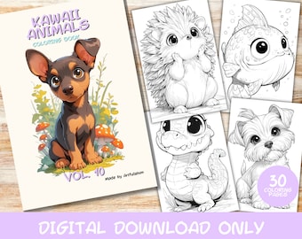 May include: A digital coloring book featuring 30 pages of cute animal illustrations. The cover shows a brown and black puppy with big eyes, sitting in a field of green grass and red mushrooms. The title of the book is "Kawaii Animals Coloring Book" and the volume number is "Vol. 10".