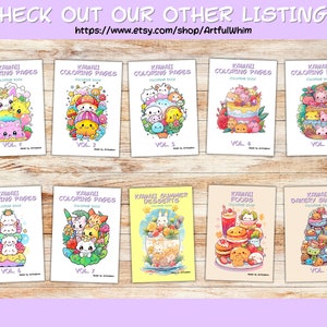 May include: A collection of eight colorful Kawaii coloring book covers featuring various themes, including animals, food, and desserts. The covers are arranged in two rows of four on a wooden background. The text on the covers reads "Kawaii Coloring Pages" and includes volume numbers.