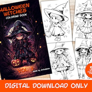 30 Halloween Witches Volume 3 Coloring Pages Book, Adults, Instant Download Grayscale Coloring Page, Printable PDF, Digital Download