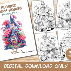 30 Flower Fairy Homes Volume 3 Coloring Pages Book, Kids, Adults, Instant Download Grayscale Coloring Page, Printable PDF, Hut, Cottages