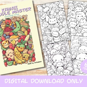 60 Kawaii Doodle Master Coloring Pages Book, For Adults, Instant Download Grayscale Coloring Page, Printable PDF, Cute Kawaii Coloring Pages