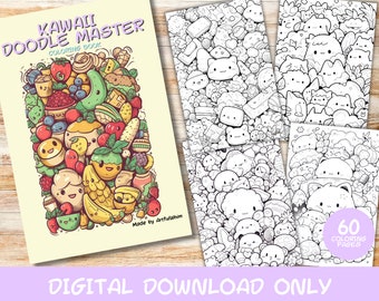 60 Kawaii Doodle Master Coloring Pages Book, For Adults, Instant Download Grayscale Coloring Page, Printable PDF, Cute Kawaii Coloring Pages
