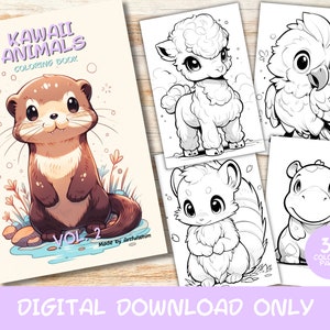 30 Kawaii Animals Volume 2 Coloring Pages Book, Kids, Adult, Instant Download Grayscale Coloring Page, Printable PDF, Cute Kawaii, Digital