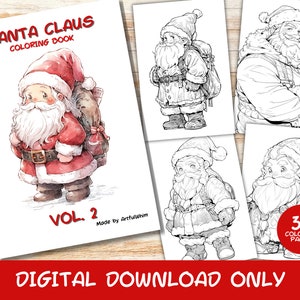 30 Santa Claus Volume 2 Coloring Pages Book, Kids, Instant Download Grayscale, Printable PDF, Digital Christmas, Holidays