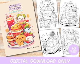 May include: A digital coloring book featuring 70 pages of kawaii food illustrations. The cover features a colorful illustration of a variety of sweet treats, including pancakes, ice cream, and cake. The title of the book is "Kawaii Foods Coloring Book."