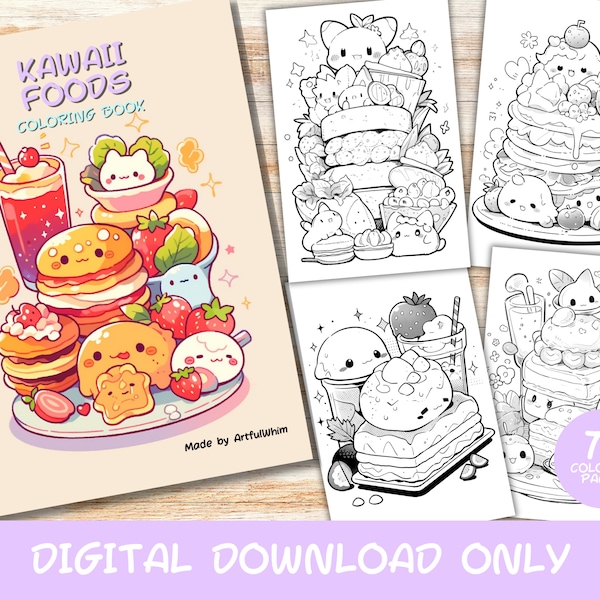 70 Kawaii Foods Coloring Pages Book, Kids, Adults, Instant Download, Kawaii Coloring Pages, Printable PDF, Magical, cute kawaii