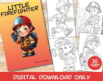 20 Little Firefighter Coloring Pages Book, Printable, Kids, Instant Download, Grayscale Coloring Page, Printable PDF, Fireman, Children&#39;s