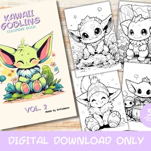 30 Kawaii Goblins Volume 2 Coloring Pages Book, Kids, Adult, Instant Download Grayscale Coloring Page, Printable PDF, cute kawaii, Goblins