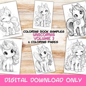 Può includere: Sei pagine da colorare in bianco e nero con adorabili illustrazioni di unicorni. Il titolo del libro da colorare è "Unicorns Volume 2" con il testo "6 Coloring Pages" sotto. Il testo "Digital Download Only" è in fondo all'immagine.