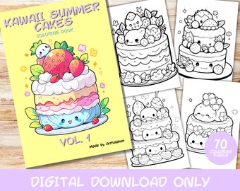 70 Kawaii Summer Cakes Volume 1 Coloring Pages Book, Kids, Adults, Instant Download Grayscale Coloring Page, Printable PDF, Summer, Desserts