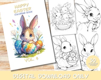 30 Happy Easter Volume 4 Coloring Pages Book, Kids, Instant Download Grayscale Coloring Page, Printable PDF, Digital Download, Kawai