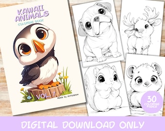 May include: A coloring book featuring 30 pages of cute animal illustrations. The cover features a cartoon puffin with big eyes. The title of the book is "Kawaii Animals Coloring Book! Vol. 7" and the book is made by Artfulwhim.