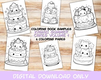 May include: Six black and white coloring pages featuring kawaii summer cakes. Each page features a different cake design with cute faces and details. The text "COLORING BOOK SAMPLES KAWALI SUMMER CAKES VOLUME 1 6 COLORING PAGES" is at the top of the page. The text "DIGITAL DOWNLOAD ONLY" is at the bottom of the page.