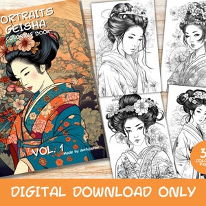 30 Portraits Geisha Volume 1 Coloring Pages Book, Kids, Adults Instant Download Grayscale Coloring Page, Printable PDF, Geisha