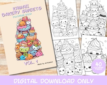40 Kawaii Bakery Sweets Coloring Pages Book Volume 1, Kids, Adults, Instant Download, Kawaii Coloring Pages, Printable PDF, Magical, Cute