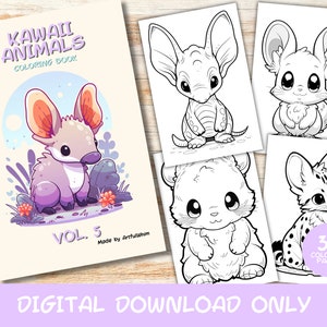 30 Kawaii Animals Volume 5 Coloring Pages Book, Kids, Instant Download Grayscale Coloring Page, Printable PDF, Cute Kawaii, Digital